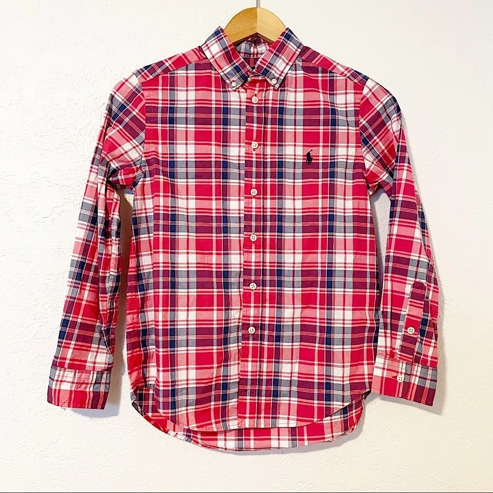 POLO RALPH LAUREN Boys Button-Up Tartan Shirt Red‎ Natural Stretch Size M 10-12